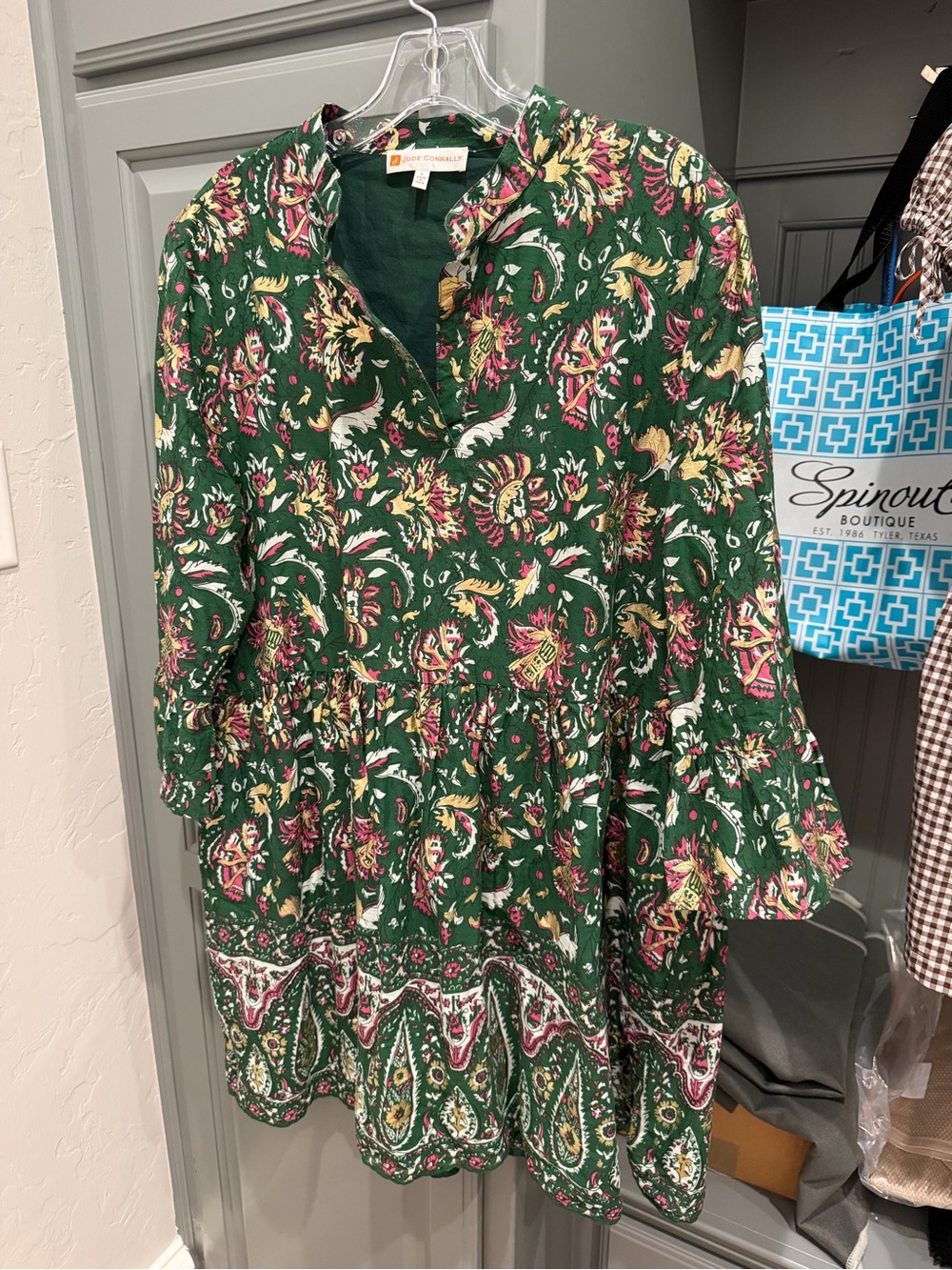 Jude Connally Green Floral Paisley Long-Sleeve Tiered Dress